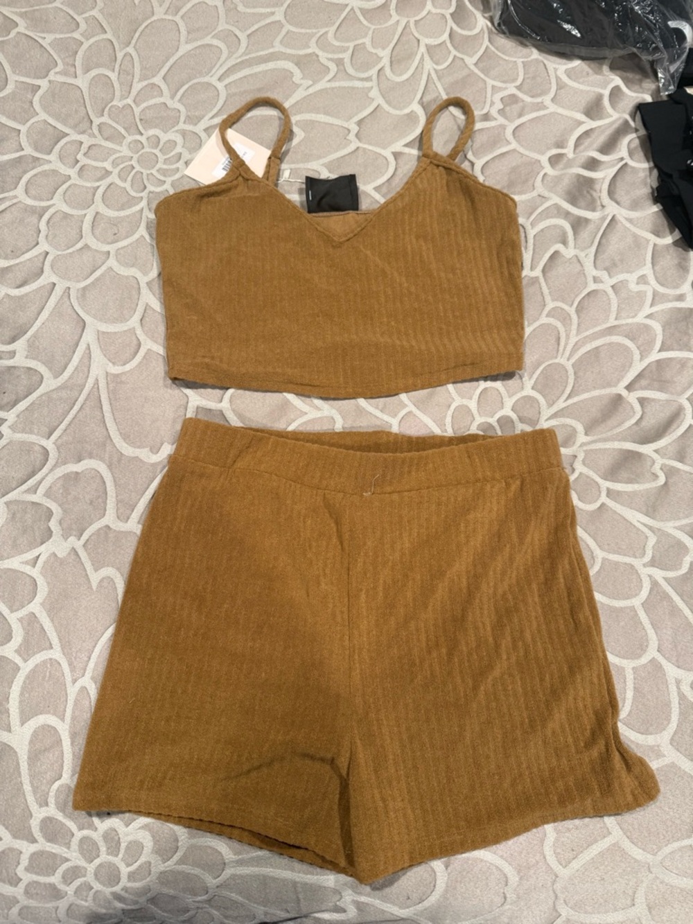 Kittenish Brown Ribbed Tank & High-Waist Shorts Set